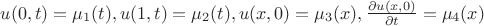 $u(0,t) = \mu_1(t), u(1,t) = \mu_2(t), u(x,0) = \mu_3(x) , \frac {\partial u (x, 0)} {\partial t} = \mu_4(x) $