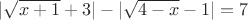 $|\sqrt{x+1}+3|-|\sqrt{4-x}-1|=7$