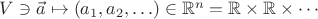 $V\ni \vec a\mapsto (a_1,a_2,\ldots)\in \mathbb R^n=\mathbb R\times \mathbb R\times \cdots$