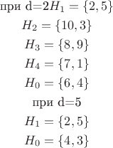 \begin{gather*}
\text{при d=2}
H_1=\{2,5\} \\
H_2=\{10,3\} \\
H_3=\{8,9\} \\
H_4=\{7,1\} \\
H_0=\{6,4\} \\
\text{при d=5} \\
H_1=\{2,5\} \\
H_0=\{4,3\} \\
\end{gather}