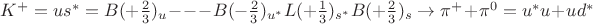 $ K^+ = us^* = B(+\frac{2}{3})_u---B(-\frac{2}{3})_{u^*}L(+\frac{1}{3})_{s^*}B(+\frac{2}{3})_s \to \pi^+ + \pi^0 = u^*u + ud^*$