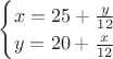 \begin{cases}
x=25+\frac{y}{12} \\
y=20+\frac{x}{12} 
\end{cases}
