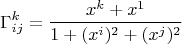 $$\Gamma_{ij}^k=\frac{x^k+x^1}{1+(x^i)^2+(x^j)^2}$$