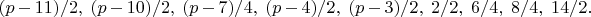 $(p-11)/2,\;(p-10)/2,\;(p-7)/4,\;(p-4)/2,\;(p-3)/2,\;2/2,\;6/4,\;8/4,\;14/2.$