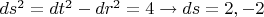 $ds^2 = dt^2 - dr^2 = 4 \rightarrow ds = 2, -2$