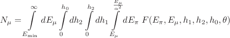 $$
N_\mu=
\int\limits_{E_{\min}}^{\infty} dE_\mu
\int\limits_{0}^{h_0} dh_2
\int\limits_{0}^{h_2} dh_1
\int\limits_{E_\mu}^{\frac{E_\mu}{\alpha^2}} dE_\pi
\; F(E_\pi, E_\mu, h_1, h_2, h_0, \theta)
$$