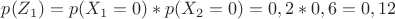 $p(Z_1)=p(X_1=0)*p(X_2=0)=0,2*0,6=0,12$