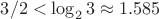 $3/2 < \log_2 3 \approx 1.585$