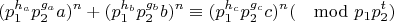 $$(p_1^{h_a}p_2^{g_a}a)^n+(p_1^{h_b}p_2^{g_b}b)^n\equiv (p_1^{h_c}p_2^{g_c}c)^n (\mod p_1p_2^t)$$