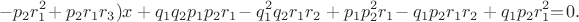 $$\!-p_2r_1^2\!+p_2r_1r_3)x+q_1q_2p_1p_2r_1\!-q_1^2q_2r_1r_2+p_1p_2^2r_1\!-q_1p_2r_1r_2+
q_1p_2r_1^2\!\!=\!0.$$
