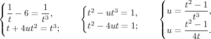 $$\begin{cases}
 \dfrac{1}{t}-6=\dfrac{1}{t^3}, \\
 t+4ut^2=t^3; 
\end{cases} \quad \begin{cases}
 t^2-ut^3=1, \\
 t^2-4ut=1; 
\end{cases} \quad \begin{cases}
 u=\dfrac{t^2-1}{t^3}, \\
 u=\dfrac{t^2-1}{4t}. 
\end{cases}$$