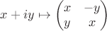 $x+iy\mapsto \begin{pmatrix}x&-y\\y&x\end{pmatrix}$