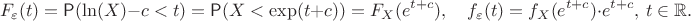 $$F_{\varepsilon}(t)=\mathsf P(\ln(X) - c < t) = \mathsf P(X < \exp(t+c)) = F_X(e^{t+c}), \quad f_{\varepsilon}(t) = f_X(e^{t+c})\cdot e^{t+c}, \ t\in\mathbb R.$$