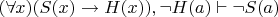 $(\forall x) (S(x) \to H(x)), \neg H(a) \vdash \neg S(a)$