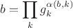 $$b=\prod\limits_{k}{g_k^{\alpha\left(b,k\right)}}$$