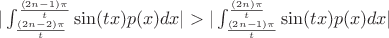 $|\int_{\frac{(2n-2)\pi}{t}}^{\frac{(2n-1)\pi}{t}}\sin(tx)p(x)dx| > |\int_{\frac{(2n-1)\pi}{t}}^{\frac{(2n)\pi}{t}}\sin(tx)p(x)dx|$