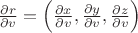 $\frac{\partial r}{\partial v}=\left(\frac{\partial x}{\partial v}, \frac{\partial y}{\partial v}, \frac{\partial z}{\partial v}\right)$