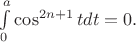 $\int \limits _0^a\cos ^{2n+1}tdt=0.$