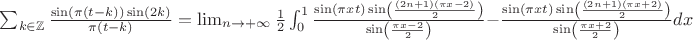 $\sum _{k \in \mathbb{Z}}\frac{\sin(\pi(t-k))\sin(2k)}{\pi(t-k)}=\lim_{n\to +\infty} \frac{1}{2} \int _0^1\frac{\sin(\pi xt)\sin\left(\frac{(2n+1)(\pi x-2)}{2}\right)}{\sin\left(\frac{\pi x-2}{2}\right)}-\frac{\sin(\pi xt)\sin\left(\frac{(2n+1)(\pi x+2)}{2}\right)}{\sin\left(\frac{\pi x+2}{2}\right)}dx$