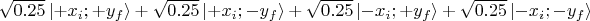 $\sqrt{0.25}\left\lvert +x_i ; +y_f \right\rangle +
\sqrt{0.25}\left\lvert +x_i ; - y_f \right\rangle +
\sqrt{0.25}\left\lvert - x_i ; +y_f \right\rangle +
\sqrt{0.25}\left\lvert - x_i ; - y_f \right\rangle
$