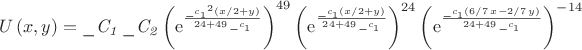 $$U \left( x,y \right) ={{\it \_C_1}\,{\it \_C_2} \left( {{\rm e}^{{\frac 
{{{\it \_c}_{{1}}}^{2} \left( x/2+y \right) }{24+49\,{\it \_c}_{{1}}}}
}} \right) ^{49} \left( {{\rm e}^{{\frac {{\it \_c}_{{1}} \left( x/2+y
 \right) }{24+49\,{\it \_c}_{{1}}}}}} \right) ^{24} \left( {{\rm e}^{{
\frac {{\it \_c}_{{1}} \left( 6/7\,x-2/7\,y \right) }{24+49\,{\it \_c}
_{{1}}}}}} \right) ^{-14}}
$$