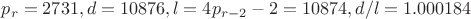 $p_r=2731, d=10876, l=4p_{r-2}-2=10874, d/l=1.000184$