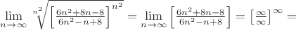 $\lim\limits_{n \to \infty}\sqrt[n^2]{\left[\frac{6n^2+8n-8}{6n^2-n+8}\right]^{n^2}}=\lim\limits_{n \to \infty}\left[\frac{6n^2+8n-8}{6n^2-n+8}\right]=\left[\frac{\infty}{\infty}\right]^{\infty}=