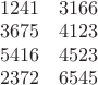 $
\begin{array}{llll}
1 2 4 1 \\
3 6 7 5 \\
5 4 1 6 \\
2 3 7 2
\end{array}
\begin{array}{llll}
3 1 6 6 \\
4 1 2 3 \\
4 5 2 3 \\
6 5 4 5
\end{array}
$ $
\begin{array}{llll}
1 2 4 1 \\
3 6 7 5 \\
5 4 1 6 \\
2 3 7 2
\end{array}
\begin{array}{llll}
3 1 6 6 \\
4 1 2 3 \\
4 5 2 3 \\
6 5 4 5
\end{array}
$