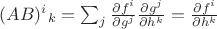 $(AB)^i{}_k = \sum_j \frac{\partial f^i}{\partial g^j} \frac{\partial g^j}{\partial h^k} = \frac{\partial f^i}{\partial h^k}$