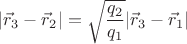 $$|\vec{r}_3-\vec{r}_2|=\sqrt{\frac{q_2}{q_1}}|\vec{r}_3-\vec{r}_1|$$