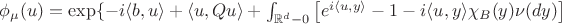 $\phi_\mu(u)=\exp \lbrace  -i \langle b, u \rangle +\langle u, Qu \rangle +\int_{\mathbb{R}^d-{0}}\left[ e^{i \langle u, y \rangle}-1-i\langle u,y\rangle \chi_{B}(y)\nu(dy) \right] $