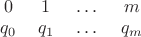 \begin{tabular}{cccc}
$0$& $1$&$\dots$ & $m$\\
$q_0$& $q_1$& $\dots$ & $q_m$
\end{tabular} \begin{tabular}{cccc}
$0$& $1$&$\dots$ & $m$\\
$q_0$& $q_1$& $\dots$ & $q_m$
\end{tabular}