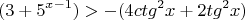 \[
(3 + 5^{x - 1} ) >  - (4ctg^2 x + 2tg^2 x)
\]