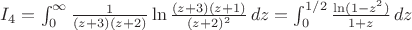 $I_4 = \int_0^\infty{\frac{1}{(z+3)(z+2)}\ln\frac{(z+3)(z+1)}{(z+2)^2} }\,dz = \int_0^{1/2}{\frac{\ln(1-z^2)}{1+z}}\,dz$