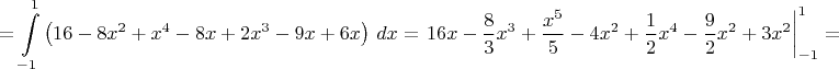$$=\int\limits_{-1}^{1}\left( 16-8x^2+x^4-8x+2x^3-9x+6x \right)\,dx = \left 16x-\frac83x^3+\frac{x^5}5-4x^2+\frac12x^4-\frac92x^2+3x^2 \right|_{-1}^1 = $$