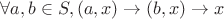 $\forall a,b \in S, (a,x) \rightarrow (b,x) \rightarrow x$