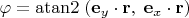 $\varphi=\operatorname{atan2}\;(\mathbf e_y \cdot \mathbf r,\; \mathbf e_x \cdot \mathbf r)$