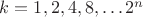 $k=1, 2, 4, 8, \dots 2^n$