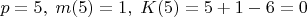 $p=5,\;m(5)=1,\;K(5)=5+1-6=0$