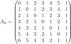 $A_6=\begin{pmatrix}0&1&2&3&4&5&1\\ 1&0&1&2&3&4&1\\ 2&1&0&1&2&3&1\\ 3&2&1&0&1&2&1\\ 4&3&2&1&0&1&1\\ 5&4&3&2&1&0&1\\ 6&5&4&3&2&1&1\end{pmatrix}$