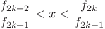 $\displaystyle\frac{f_{2k+2}}{f_{2k+1}} < x < \frac{f_{2k}}{f_{2k-1}}$