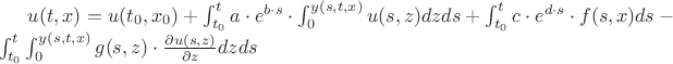 $u(t,x)=u(t_0, x_0)+\int_{t_0}^{t}{a \cdot e^{b \cdot s} \cdot \int_{0}^{y(s,t,x)}{u(s,z)dz}ds}+\int_{t_0}^{t}{c \cdot e^{d \cdot s} \cdot f(s,x)ds}-\int_{t_0}^{t}{\int_{0}^{y(s,t,x)}{g(s,z) \cdot \frac{\partial u(s,z)}{\partial z}dz} ds}$