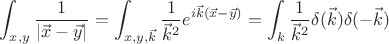$\displaystyle\int_{x,y} \frac{1}{|\vec{x} - \vec{y}|} = \int_{x,y,\vec{k}} \frac{1}{\vec{k}^2} e^{i \vec{k} (\vec{x} - \vec{y})} = \int_k \frac{1}{\vec{k}^2} \delta (\vec{k}) \delta (-\vec{k})$