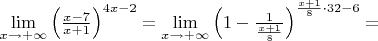 $\lim\limits_{x\rightarrow+\infty}\left(\frac{x-7}{x+1}\right)^{4x-2}=\lim\limits_{x\rightarrow+\infty}\left(1-\frac{1}{\frac{x+1}{8}}\right)^{\frac{x+1}{8}\cdot 32-6}=$