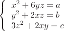 $\left\{ \begin{array}{lcl} 
x^2+6yz=a \\ 
y^2+2xz=b \\ 
3z^2+2xy=c
\end{array}\right$$