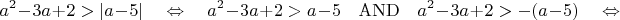 $$
a^2-3a+2>|a-5|\quad \Leftrightarrow\quad a^2-3a+2>a-5\quad{\rm{AND}}\quad a^2-3a+2>-(a-5) \quad\Leftrightarrow
$$