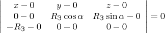 $$
\[\left| {\begin{array}{*{20}{c}}
  {x - 0}&{y - 0}&{z - 0} \\ 
  {0 - 0}&{{R_{\text{З}}}\cos \alpha }&{{R_{\text{З}}}\sin \alpha  - 0} \\ 
  { - {R_{\text{З}}} - 0}&{0 - 0}&{0 - 0} 
\end{array}} \right| = 0\]
$$