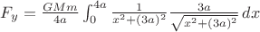 $F_y=\frac{GMm}{4a}\int_0^{4a}\frac{1}{x^2+(3a)^2}\frac{3a}{\sqrt{x^2+(3a)^2}}\,dx$