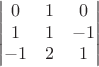 $$
\begin{vmatrix}
0 & 1 & 0 \\
1 & 1 & -1 \\
-1 & 2 & 1
\end{vmatrix}
$$