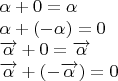 $\alpha+0=\alpha

\alpha+(-\alpha)=0

\overrightarrow{\alpha}+0=\overrightarrow{\alpha}

\overrightarrow{\alpha}+(-\overrightarrow{\alpha})=0$